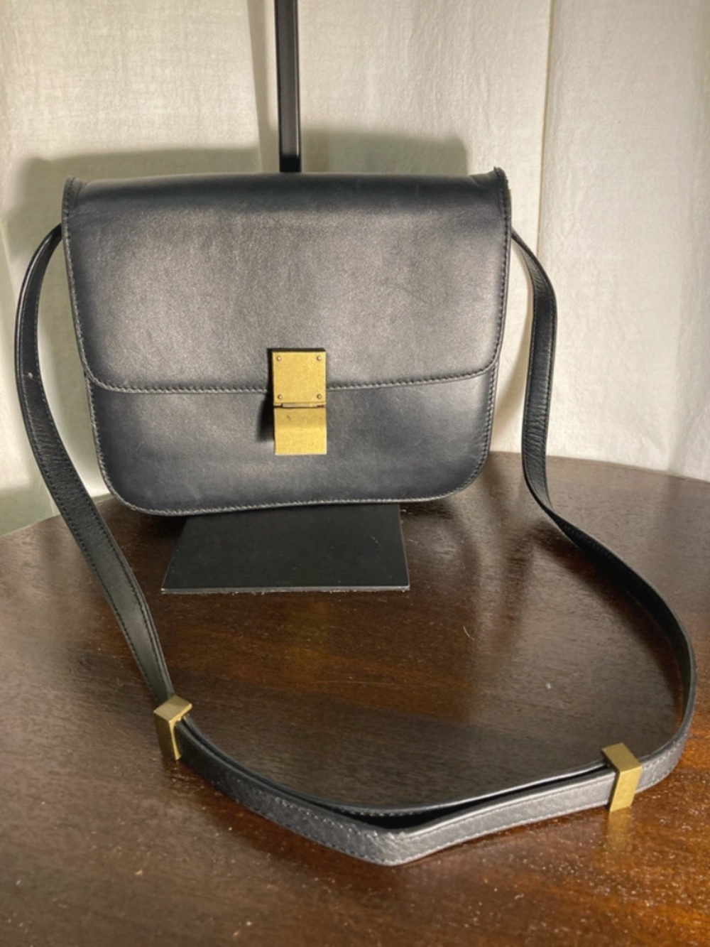 Vintage Flap Lock Classic Black Leather Crossbody Bag with Gold Hardware